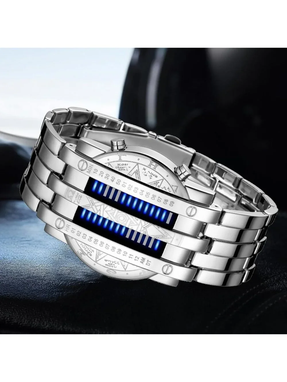Men's Silver Blue Analog Quartz Bracelet Waterproof Binary Matrix Digital Watch